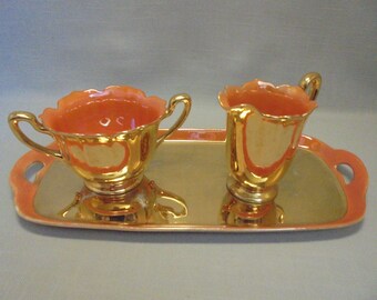 Gold Tone Sugar Creamer & Tray Stouffer Studio Czecho Slovakia