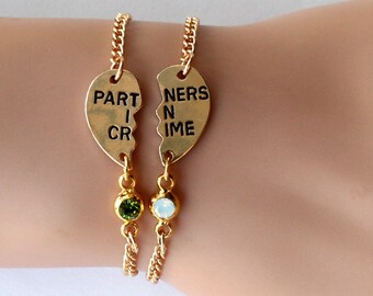 sister bracelet, PARTNERS IN CRIME bracelet, birthstone friendship bracelet set, best friends, best bitches, broken heart, sisters jwelry