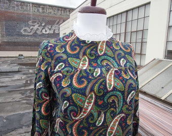 Vtg Corduroy Velvet Paisley Floral Print Bohemian Gunne Sax Gogo Mini Dress Puff Bell Sleeves Babydoll Retro 60's 70's Extra Small XS XXS