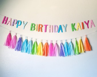 Rainbow Happy Birthday Banner and Tassel Garland | Pastel Rainbow Tassel Garland | Tassel Banner | Rainbow Party | 1st Birthday Decorations