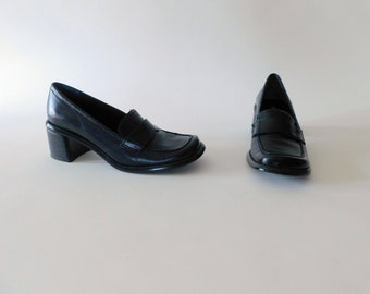 Vintage 90s Black Leather Loafer Chunky Heels Nine West Size 5 6 1/2