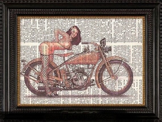 Harley Davidson Motorcycle Pin Up Girl-Book Print Upcycled