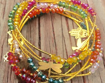 Multi Color Crystal Beaded Charm Bracelet Set with Gold Plated Charms - Semanario pulseras de colores con dijes chapa de oro