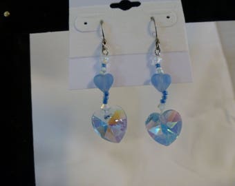 Blue Crystal Hearts Dangle Earrings on French Hooks