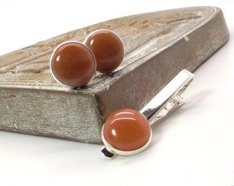 Red Aventurine Cufflink and Tie Clip Set – Soft Orange Red Cufflink and Tie Clip Set - Cufflinks Tie Bar Tie Clip