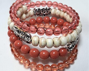 Czech Glass, Magnesite & Filigree Memory Wire Bracelet