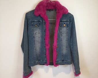 Vintage Denim Jacket with Pink Fur Trim