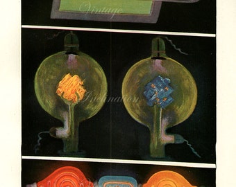 Antique Science Print, ELECTRIC LIGHT electricity Chart 1902 wall art vintage color lithograph illustration scientific