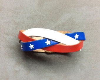Leather Cuff Bracelet - hand tooled handmade Leather American Flag bracelet USA flag bracelet stars and stripes cuff gifts for her him