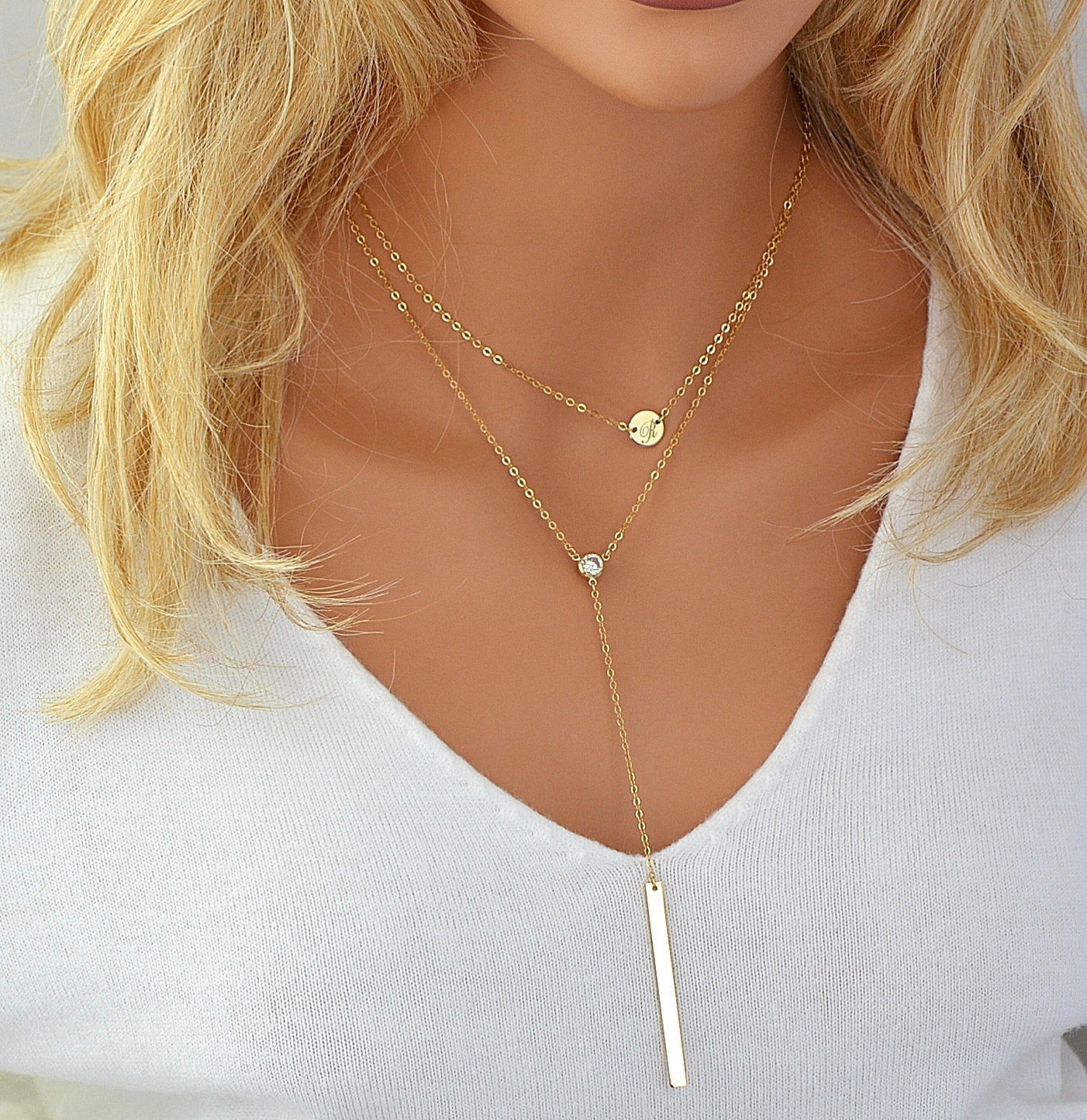 Layered Long Necklace Initial Necklace Long Gold Necklace