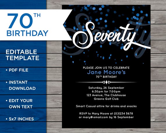70th Birthday Invite Customisable Birthday invitation 70