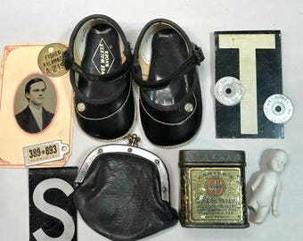 Vintage Assemblage Lot- Doll Shoes- Vintage Tin- Leather Coin Purse- Doll- Brass Tag- Tintype- Findings- Found Objects- D11