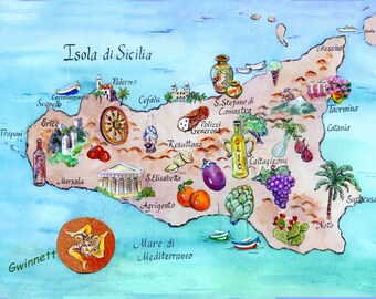Map of the Island of Sicily Italy Reproduction Art Print of