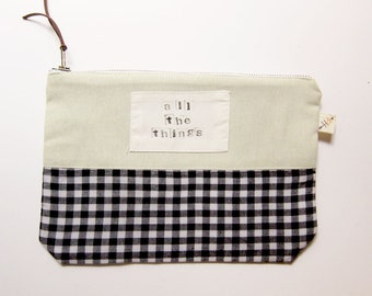All The Things zip pouch sustainable funny saying makeup bag upcycled color blocked hand stamped funny college girl gift stocking stuffer