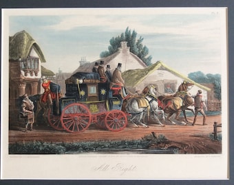 1874 Victorian Handcoloured Engraving, Exeter Royal Mail Coach & Horses