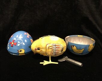 Vintage Haji Tin Toy - Egg and Wind Up Chick - Mechanical Toy - Made in Japan