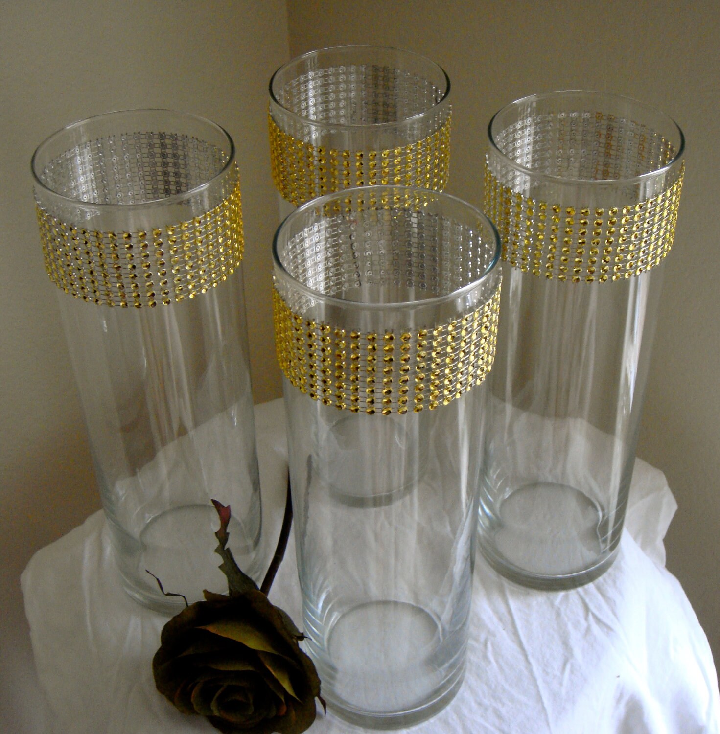 Set of 10 Gold Rhinestone Wrap Glass Cylinder Vases Wedding