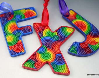 Custom Letter Ornament in Rainbow Fimo Filigree Polymer Clay Monogram