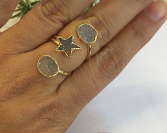 Triple druzy ring, druzy gold ring, star druzy ring, druzy star gold ring, druzy stack ring, druzy statement ring