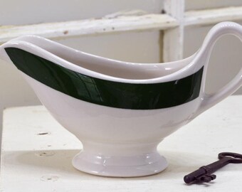 Shenango China Gravy Boat - ironstone restaurant ware in white with green stripe - for the farmhouse