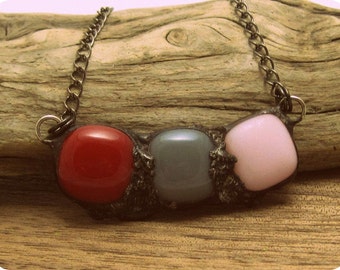 Urban Artifact Mini in Pink & Red | Fused Glass | Eclectic | Gift Under 50 | Oxidized Chain