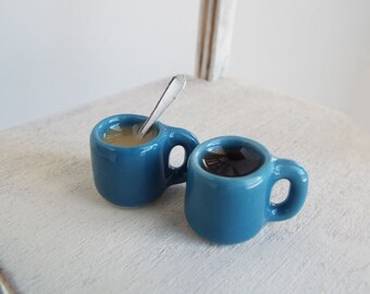 Miniature COFFEE Pair in TEAL Blue Mugs One with Cream & Spoon, One Black - 1:6 Scale Polymer Clay Faux Food for Fashion Dolls and Figures