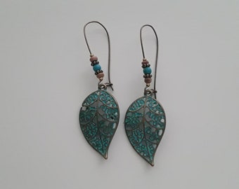 Blue leaf earrings bronze earrings