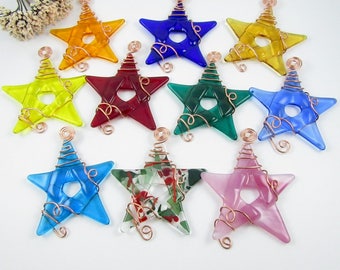 Ten Glass Star Ornaments - Handmade Fused Glass Stars Wrapped with Copper Wire - Glass Star Ornament Suncatcher - Christmas Star