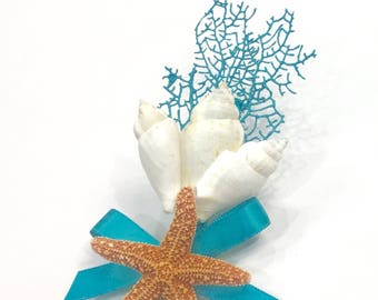Beach Wedding Seashell Boutonniere with Natural Sea Fan - Choose from 24 Ribbon Colors - Lapel Pin Nautical Sea Shell