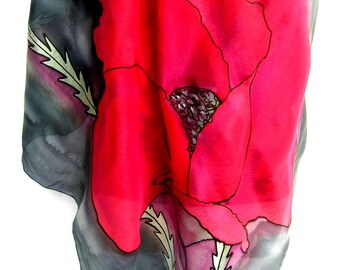 Poppies Silk Scarf, Hand Painted Silk Scarf, Floral Silk Scarf, Red Black Gray, 35" Square Silk Scarf, Gift For Her