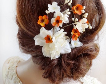 bridal flower hair clip, bridal hair piece, orange hair clip, fall hair clip, ivory flower, bridal hair accessories, floral hair comb