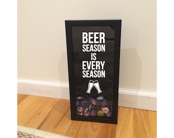Beer Cap Holder Shadow Box - Beer Season is Every Season - Wall Hanging Bottle Cap Holder - Black Shadow Box (6" x 14") - Vinyl Decal Gifts,