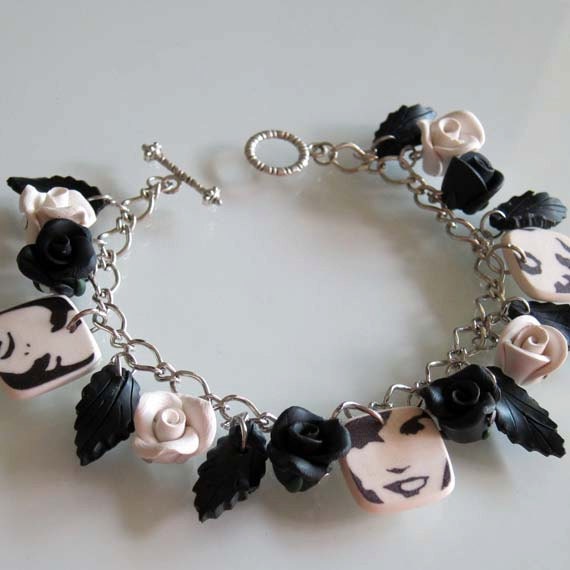 Silhouette Retro Rose Charm Bracelet Handmade Polymer Clay