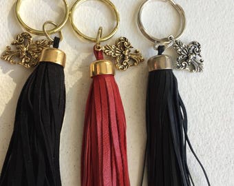 Chic French Fleur de lis Paris keychain, Leather Tassel Paris keychain, French keychain, Fleur de lis keychain,choice of red or black tassel