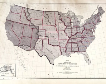 Original 1874 Map of the United States Showing Acquisition of Territory from 1776-1874