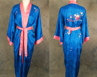 vintage 30s Kimono Robe - 1930s Asian Floral Embroidered Kimono - Blue Silk Asian Duster Dressing Gown Sz S M L