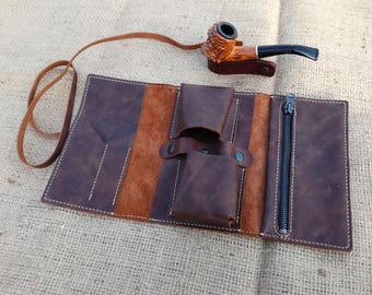 leather Pipe roll for 2 pipes, Anniversary gift, Leather pouch, Rolling pipe case, Pipe Bag, Pipe Case, Tobacco pouch, Gift for him, Pipe