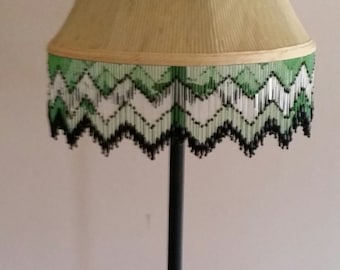Beige Lamp Shade with Green Beaded Fringe