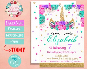 Unicorn Birthday Invitation Party Hot Pink, Turquoise, Lavender Purple | Editable Instant Download | Edit Online NOW Corjl | INSTANT ACCESS