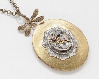 Vintage Gold Locket Steampunk Necklace with Dragonfly and watch movement on silver Victorian Bezel Statement Necklace Locket Pendant 2781