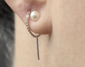 Double Piercing Pearl Threader Earrings, Sterling Silver Real Pearl Earrings, White Freshwater Pearl Chain Thread Earrings, June Birthstone