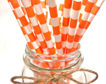 25 Orange Stripes paper straws // baby bridal shower decorations // candy dessert buffet table // wedding // First birthday/new year party