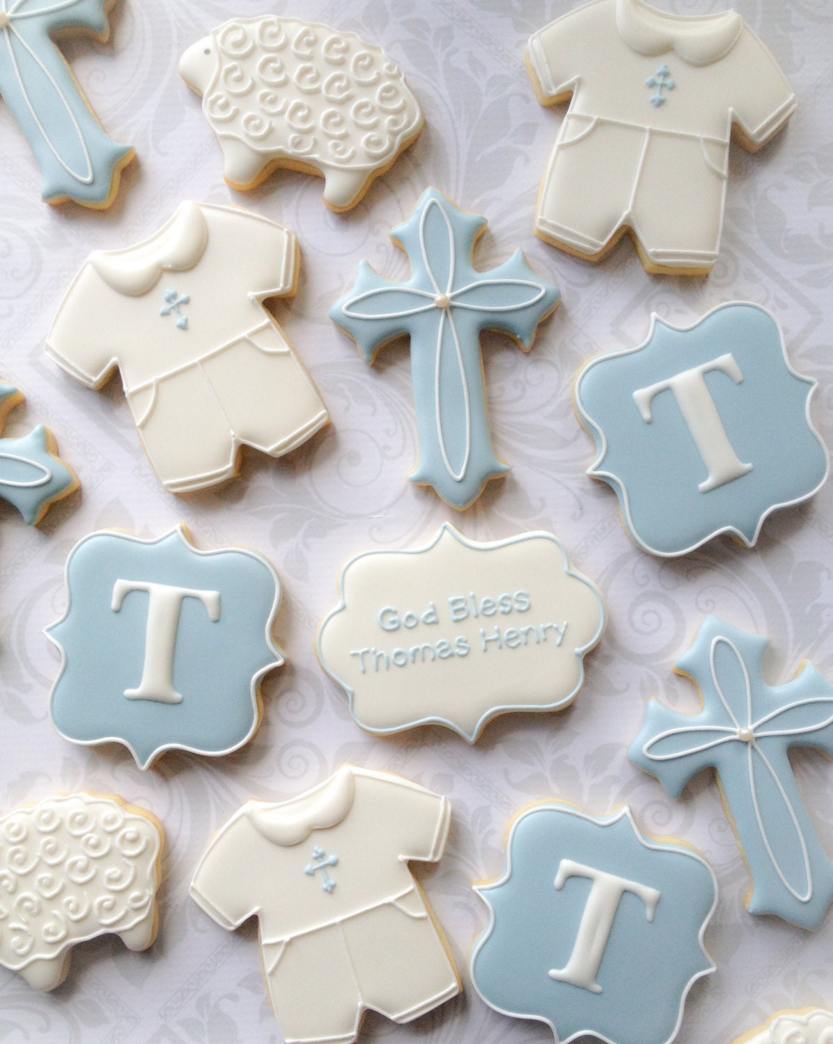 Elegant Baby Boy Cross Baptismal Cookies One Dozen 12