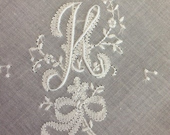 Elegant H Initial HAND Embroidered Hankie MONOGRAMMED Vintage Handkerchief UNUSED Monogram