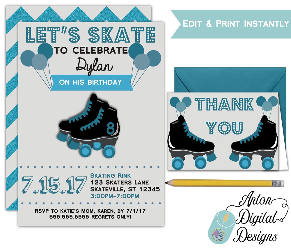 Printable Boys Roller Skating Party Invitations
