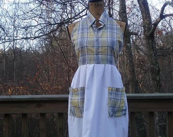 Women's Ruffled Full Market Apron, Recycled Gardening Pocket Apron, Handmade Patchwork Festival Hippie Halter Top, Waitress Server Kitchen