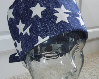Tie Back Surgical Scrub Hat with Patriotic Stars on Navy