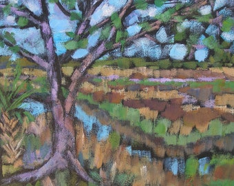 Oak tree on the Marsh 12" square acrylic painting on canvas