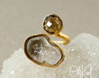 Gold Citrine & Agate Geode Slice Dual Ring - Two Stone Ring