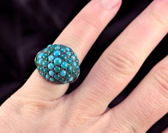Antique Victorian English 9K Gold Silver Turquoise Bombe Ring c1890
